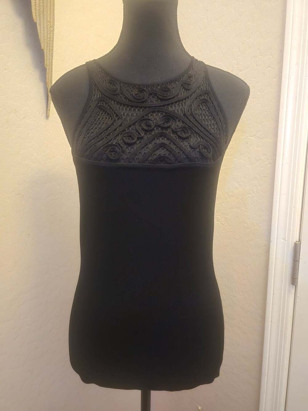 White House Black Market Black Crochet‎ Soutache Knit Tank Top